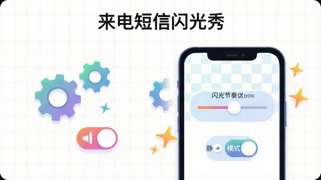 画面主体是一部手机屏幕显示设置界面,界面中有闪光节奏滑块和静音模式开关图标,手机旁边漂浮着齿轮和闪光符号;布局为左右分栏,手机居右,图标居左;排版在顶部居中放置文字“来电短信闪光秀”;风格为扁平化UI插画风,配色清新;细节包括界面元素的圆角处理、图标的渐变填充、背景的浅色网格;画质干净,无多余装饰