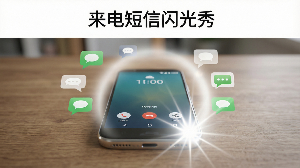 画面主体是一部安卓手机放置在木质桌面上,手机屏幕亮起显示来电界面,摄像头闪光灯发出明亮的白色光晕,周围有若干短信气泡图标漂浮;布局采用中心构图,手机位于画面正中,光晕向四周扩散;排版简洁,上方留白放置软件名称文字“来电短信闪光秀”;风格为现代科技写实风,光线柔和干净;细节包括手机边缘的金属质感、闪光灯的星芒效果、背景轻微虚化;画质高清,干净无多余元素