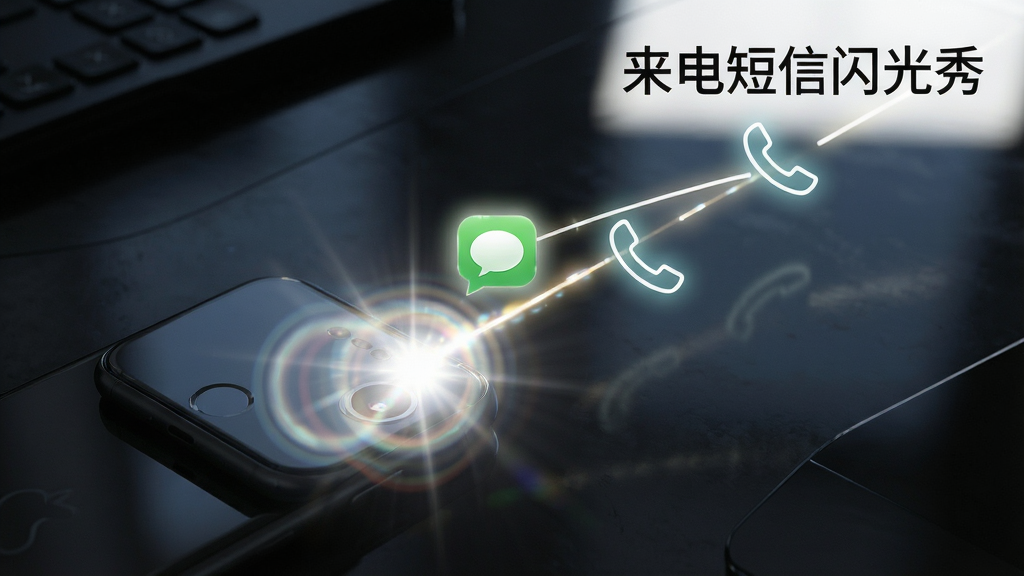 画面主体是一部手机平放在深色桌面上,屏幕朝下,摄像头闪光灯正在闪烁并投射出明亮光斑,旁边有一串短信图标和电话图标以发光线条连接;布局为对角线构图,手机位于左下,光斑延伸至右上;排版在右上角留白处放置文字“来电短信闪光秀”;风格为暗调科技感,光效突出;细节包括闪光灯的多层光晕、桌面反射的微光、图标边缘的发光描边;画质清晰,干净利落