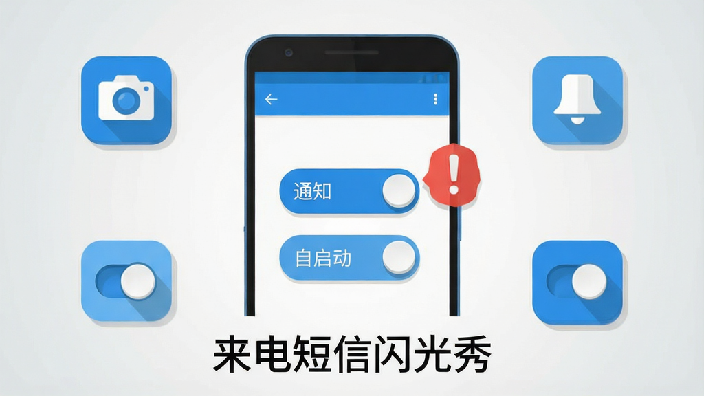 画面主体是一部安卓手机屏幕显示权限管理界面,界面上有摄像头、通知、自启动三个权限开关图标,旁边有一个红色感叹号提示标识;布局为手机居中,图标环绕手机排列;排版在底部居中放置文字“来电短信闪光秀”;风格为扁平化信息图风,配色以蓝白为主;细节包括开关的立体感、图标的简洁线条、背景的浅灰渐变;画质清晰,干净无杂乱元素