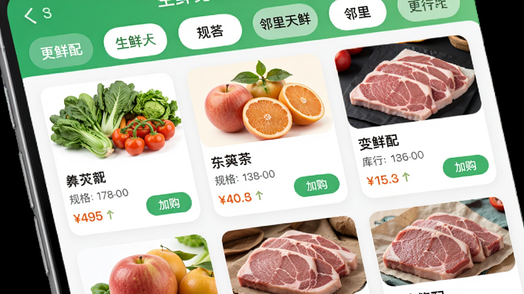 ������Ʒ����������棬����Ϊ�ֻ�Ӧ����Ʒ�б�ҳ�����沼��Ϊ������������ǩ���·�˫����Ʒ��Ƭ����Ƭ�ڰ����߲ˡ�ˮ���������ʵ��ͼƬ�����ơ������۸񣬽����г��֡����������䡱���������Ϊ�������µĵ����б���ƣ�ϸ�ڰ���Բ����Ʒ���������ʾ���ӹ���ť�����������ɾ����޶���Ԫ��