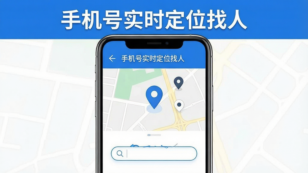 手机号实时定位找人软件主界面展示,画面中央为智能手机屏幕,屏幕内显示地图定位界面与手机号码输入框,界面顶部写有“手机号实时定位找人”字样,整体布局简洁清晰,采用蓝白配色风格,细节包含定位图标、搜索按钮与地图标记点,画质清晰干净无多余元素