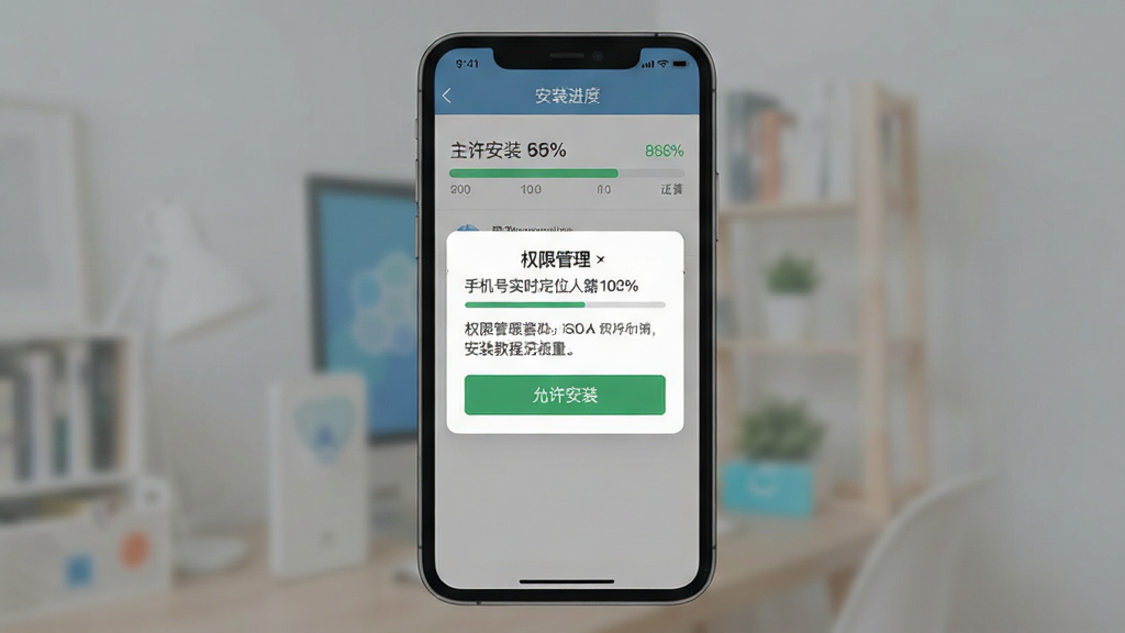手机号实时定位找人安装教程示意图,画面展示手机屏幕安装进度条与权限设置弹窗,界面文字包含“允许安装”“权限管理”等字样,布局为居中弹窗配合背景模糊处理,风格为清爽素雅扁平设计,细节包含进度百分比与按钮元素,画质清晰干净无多余元素