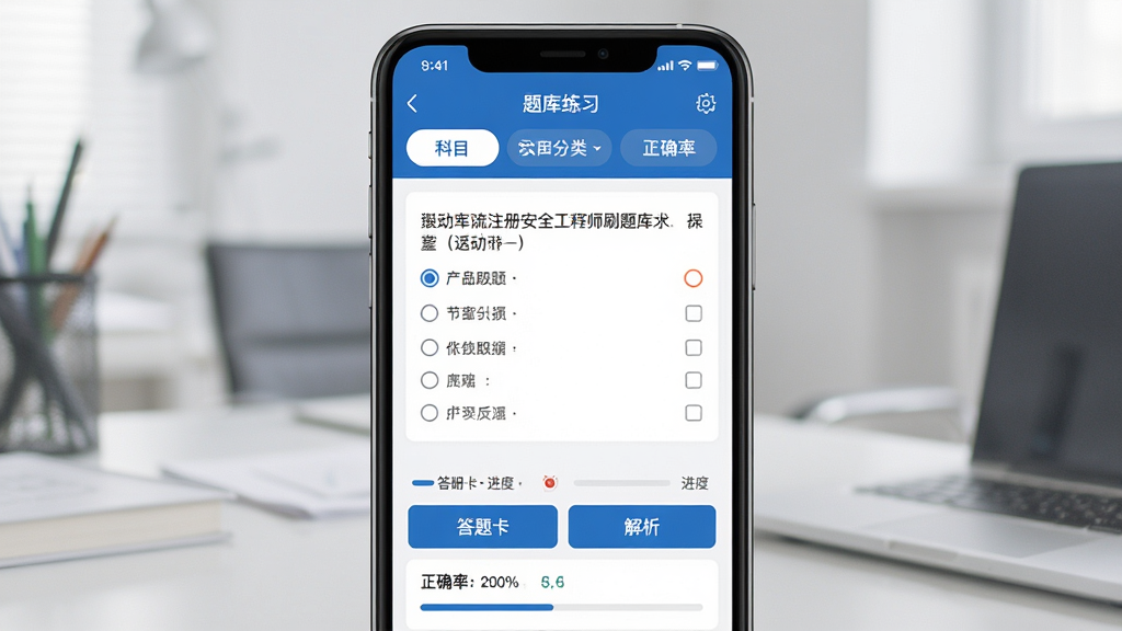 注册安全工程师刷题库软件主界面展示,手机屏幕中央显示题库练习页面,上方有科目分类选项卡,中间是单选题题干与四个选项,下方有答题卡和解析按钮,整体布局清晰简洁,采用蓝白商务配色风格,细节包含进度条和正确率统计,画质清晰干净,无多余装饰元素