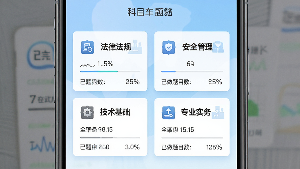 注册安全工程师刷题库科目选择界面,手机屏幕展示四个科目卡片,卡片上分别标注“法律法规”“安全管理”“技术基础”“专业实务”,每个卡片配有对应图标和题目数量统计,背景为浅蓝色渐变,布局整齐对称,风格清新商务,细节包含进度百分比和已做题目数,画质高清,干净无杂乱