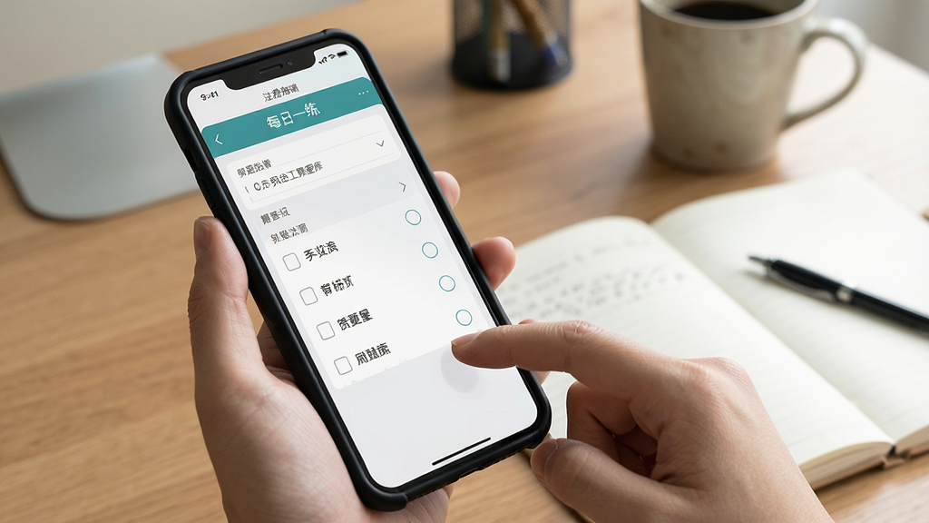注册安全工程师刷题库手机端刷题场景展示,一只手握持手机,屏幕显示每日一练答题界面,背景为书桌和笔记本,风格写实生活化,细节包含手机壳和手指点击选项动作,画质清晰自然,干净无杂乱