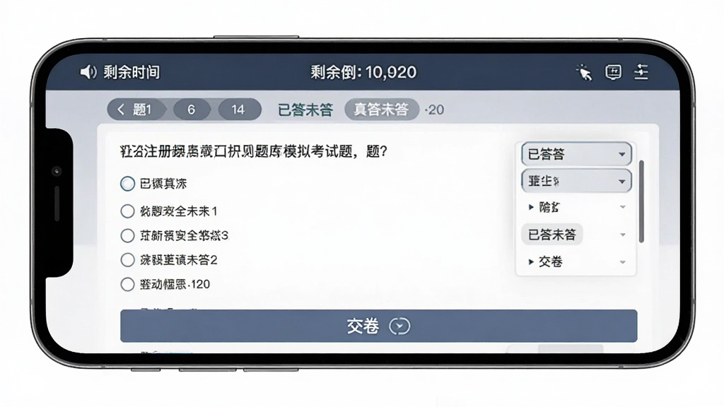 注册安全工程师刷题库模拟考试界面,手机横屏显示考试倒计时和答题卡,顶部有剩余时间提示,中间为多选题题干与选项,底部有“交卷”按钮,界面风格模拟真实考场系统,配色沉稳专业,细节包含题号导航和已答未答标识,画质清晰锐利,干净整洁