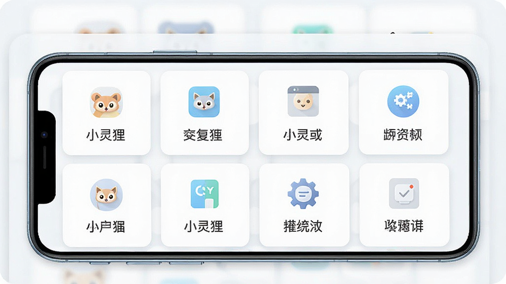 一张展示小灵狸App内部功能模块布局的界面图,画面中清晰呈现多个功能卡片以网格形式排列,每个卡片配有简洁图标和中文标签,界面风格统一为浅色调,手机屏幕内容完整,画质细腻,背景干净无杂乱元素