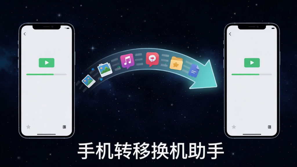 画面主体为两部手机并排摆放,中间用一条发光的弧形箭头连接,箭头内部用细小图标表示照片、音乐、文档等文件类型正在流动,背景为深色星空风格,突出数据流动的科技感,布局横向展开,排版居中,风格为现代扁平插画,细节上手机屏幕显示传输进度条,画质高清,画面干净,图片下方用白色字体写