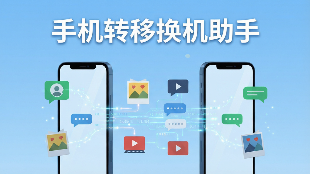 画面中央展示两部智能手机屏幕相对,屏幕之间用发光的数据流线条连接,数据流中漂浮着通讯录图标、照片缩略图、聊天气泡、视频播放符号等元素,背景为干净的浅蓝色渐变,整体风格为扁平化科技插画,布局左右对称,排版简洁,细节丰富,画质清晰锐利,画面干净无多余元素,图片上方居中位置用白色粗体字写