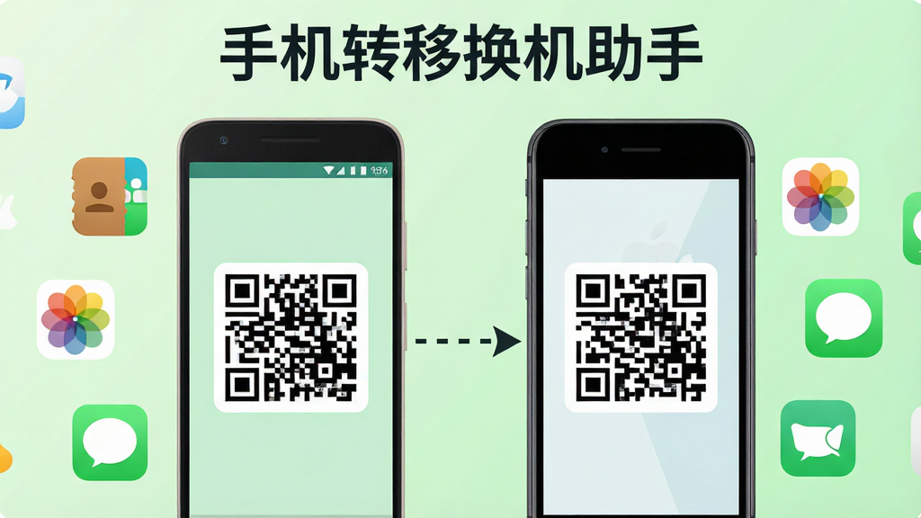 画面展示左侧为安卓手机、右侧为苹果手机,两部手机屏幕中央各有一个二维码图案,二维码之间用虚线箭头连接,周围环绕着通讯录、相册、短信等图标,背景为柔和的浅绿色渐变,风格为简洁矢量插画,布局左右对比清晰,细节上手机边框有轻微立体感,画质清晰,画面干净无杂乱元素,图片顶部用深色字体写