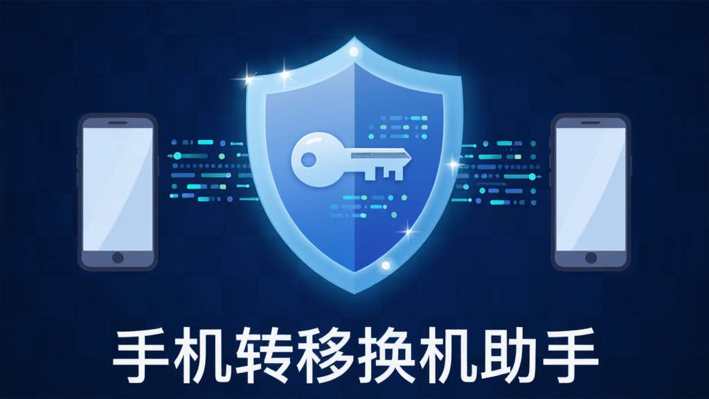 画面中央为一个发光的盾牌图标,盾牌内部有一把钥匙和一条数据流线条,盾牌两侧各有一部手机向盾牌方向发送数据,背景为深蓝色科技网格纹理,风格为安全主题扁平插画,布局对称居中,细节上盾牌表面有细微高光,画质清晰,画面干净,图片下方用白色字体写