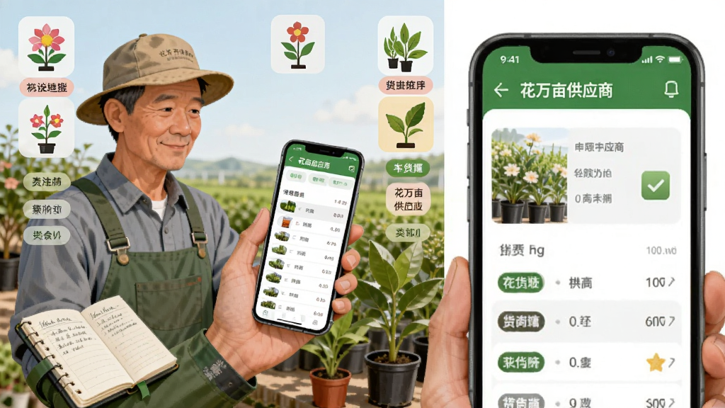 画面中央为一位种植户手持手机查看货源列表,手机屏幕显示“花万亩供应商”货源管理界面,周围环绕花卉苗木图标与分类标签,布局为左右分栏,左侧为人物操作场景,右侧为手机界面放大展示,风格为写实插画,细节包含苗木盆栽与记录本对比元素,画质清晰干净,无多余元素