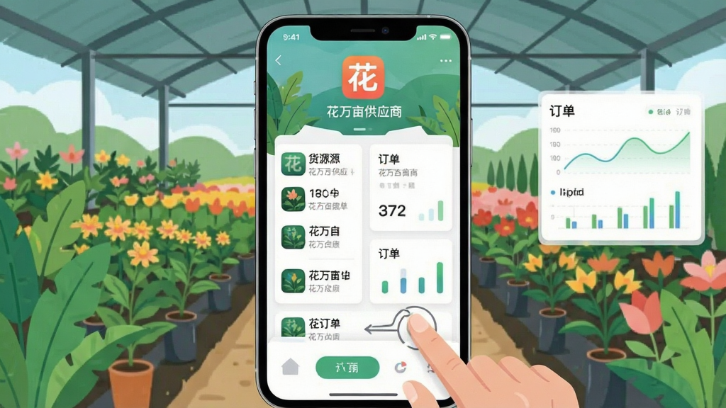 手机屏幕居中展示花万亩供应商应用主界面,界面包含货源列表与订单卡片,背景为花卉苗木种植基地实景,画面布局上下分层,上方为应用图标与名称“花万亩供应商”,下方为手机操作手势示意,风格为清爽扁平化科技插画,细节包含绿植元素与数据图表,画质清晰干净,无多余元素