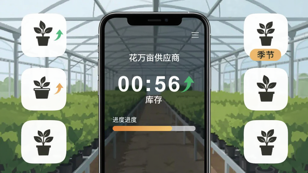 画面为手机界面展示库存盘点功能,屏幕中呈现“花万亩供应商”库存数字与进度条,背景为苗木大棚场景,布局为手机居中、四周环绕库存图标与季节标签,风格为简约商务插画,细节包含数字变化箭头与盆栽剪影,画质清晰干净,无多余元素