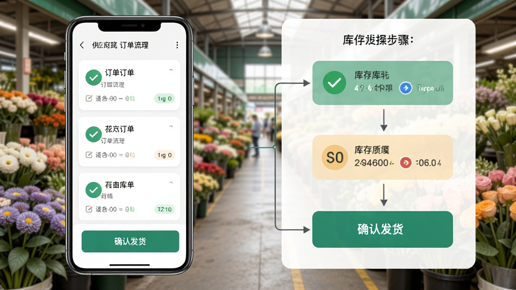画面为手机界面展示花万亩供应商订单处理流程,屏幕中呈现订单卡片与确认发货按钮,背景为花卉交易市场场景,布局为流程图形式,左侧为订单列表、右侧为操作步骤示意,风格为扁平化信息图,细节包含对勾图标与库存数字变化,画质清晰干净,无多余元素