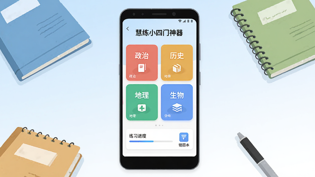 画面中央展示一部竖屏安卓手机,手机屏幕上呈现学习类App主界面,顶部有“慧练小四门神器”字样,界面分为政治、历史、地理、生物四个彩色卡片入口,卡片下方排列练习进度条与错题本图标,手机周围散落几本薄薄的学科笔记本和一支笔,背景为浅蓝到白色的柔和渐变,整体采用扁平化插画风格,细节干净,画质清晰,无多余元素