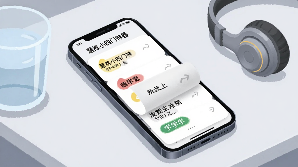 画面主体是一部手机斜放在桌面上,屏幕显示“慧练小四门神器”的速记卡片翻页界面,卡片上有简短的知识点文字和学科色块标签,手机旁边放着一杯水和一副耳机,背景为浅灰色桌面,插画风格柔和,细节简洁,画质清晰干净