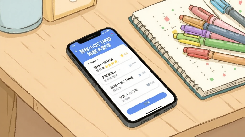一部手机平放在书桌上,屏幕显示“慧练小四门神器”的错题本整理界面,旁边有一本打开的笔记本和几支彩色笔,桌面整洁,背景为浅木色,插画风格清新,构图简洁,画质清晰,无杂乱元素