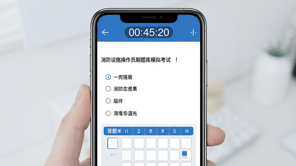 消防设施操作员刷题库模拟考试界面示意图,手机屏幕显示一张试卷题目,顶部有倒计时器,下方是单选题选项与答题卡区域,配色以蓝白为主,风格简洁专业,画面干净,画质高清,文字排版清晰,无杂乱元素