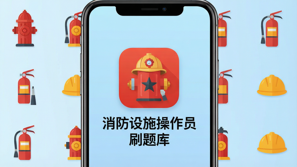 一张手机屏幕展示消防设施操作员刷题库应用主界面,画面中央是应用图标与名称“消防设施操作员刷题库”,背景为浅蓝色渐变,周围环绕消防栓、灭火器、安全帽等扁平化图标元素,布局简洁居中,风格清新现代,细节干净无杂乱,画质高清,文字清晰锐利,无多余装饰