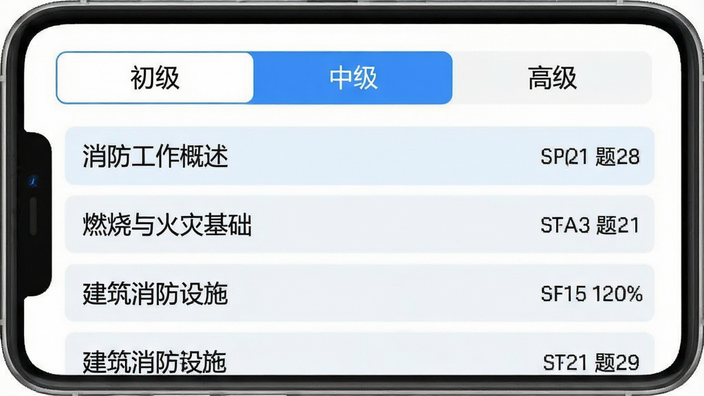 消防设施操作员刷题库应用内题库章节列表截图,屏幕中显示初级、中级、高级三个选项卡,下方列出“消防工作概述”“燃烧与火灾基础”“建筑消防设施”等章节名称及题目数量,整体排版整齐,浅色背景搭配蓝色高亮,风格扁平化设计,画质清晰,文字锐利,干净无多余元素