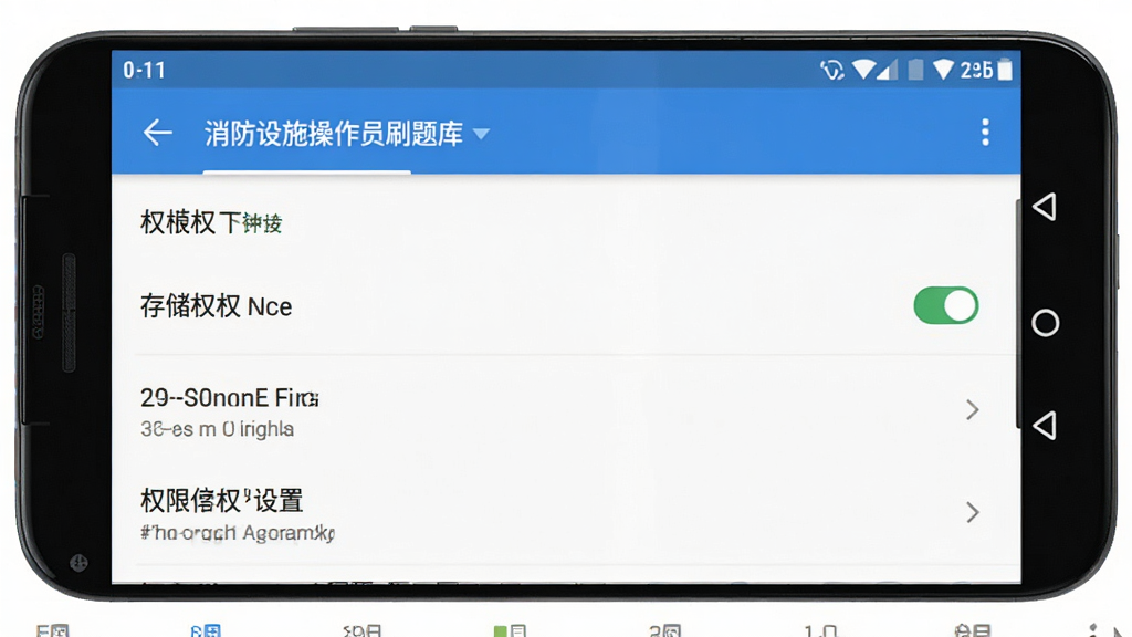 消防设施操作员刷题库手机应用设置与权限管理界面示意图,画面展示安卓手机设置页面中应用权限列表,存储权限处于开启状态,界面风格简洁扁平,配色清爽,画质高清,文字清晰,无杂乱元素