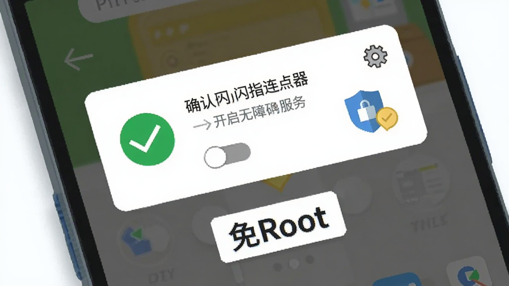 一部安卓手机屏幕特写,屏幕中央显示闪指连点器已开启无障碍服务的确认界面,旁边有一个绿色的对勾图标和盾牌安全标识;手机下方有“免Root”字样的标签牌;布局简洁,主体突出手机屏幕;风格为清爽扁平化插画,细节包括权限开关按钮和齿轮小图标;画质干净明亮,无多余元素