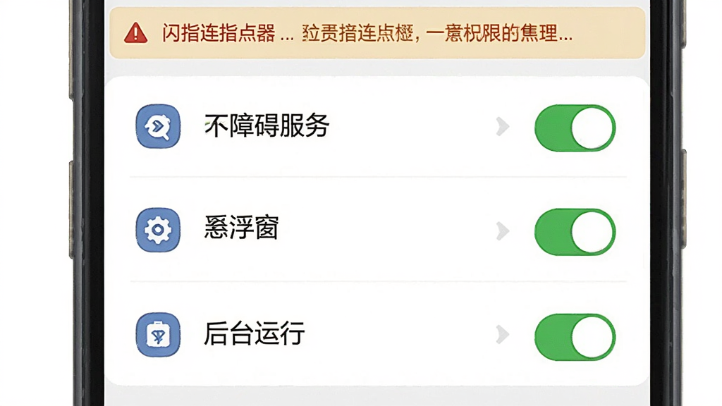 手机屏幕展示闪指连点器的权限管理页面,页面上列出无障碍服务、悬浮窗、后台运行三项权限,每项旁边有绿色开启状态标识;页面顶部有警告提示条;布局为纵向列表结构;风格为清爽设置界面插画,细节包括权限图标和开关按钮;画质干净,无多余元素