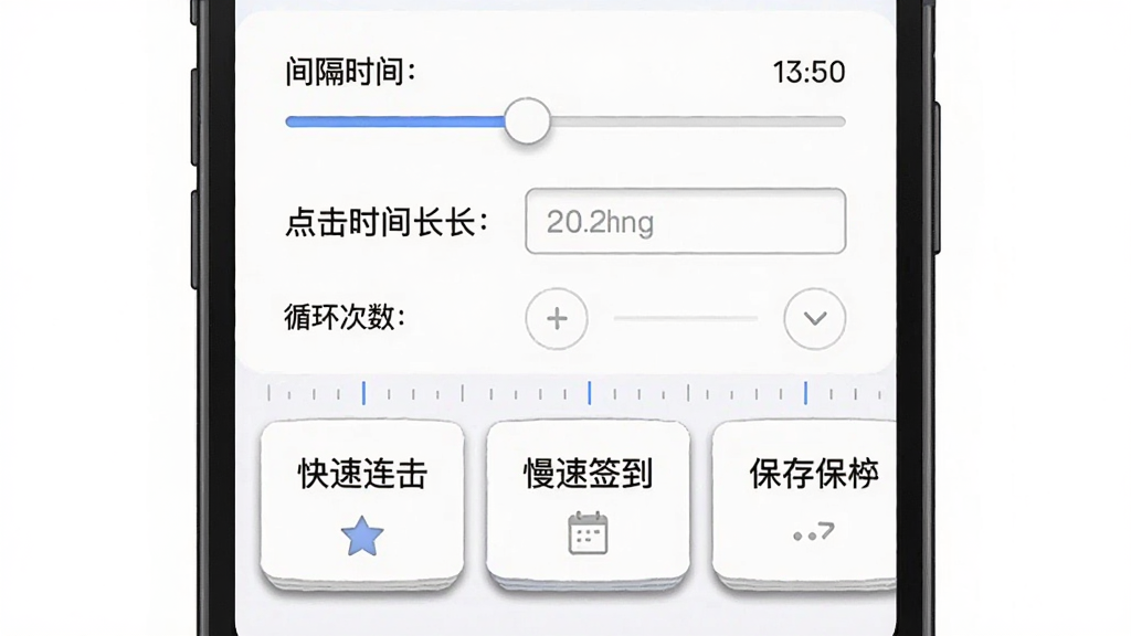 手机屏幕显示闪指连点器的参数设置面板,面板上有间隔时间滑块、点击时长输入框、循环次数选择器,下方排列几个已保存的任务模板卡片,卡片上写有“快速连击”“慢速签到”等标签;布局为上下结构,参数区在上,模板区在下;风格为简洁表单式UI插画,细节包括数值刻度和卡片阴影;画质干净,无多余装饰