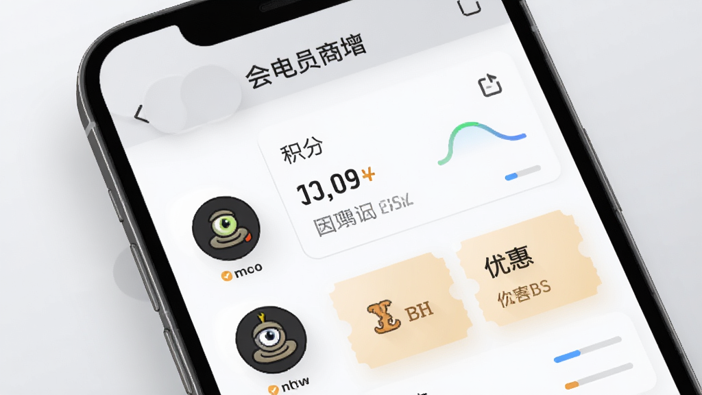 手机屏幕特写展示独眼蛇电竞商城的会员管理页面,页面中有会员头像列表、积分数字与优惠券卡片,背景为浅灰色渐变,画面构图以手机为中心,风格清爽简约,细节包含图标阴影与数据条,画质清晰,干净,无多余元素