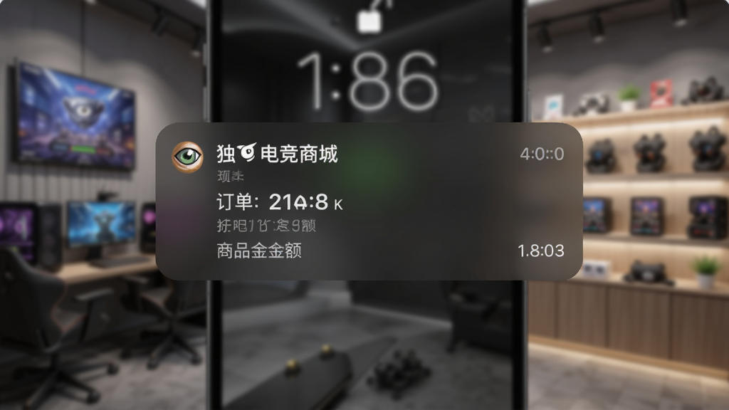 手机锁屏界面弹出独眼蛇电竞商城的订单通知卡片,卡片上显示新订单金额与商品数量,背景为模糊的店铺场景,画面构图以通知卡片为视觉中心,风格写实,细节包含通知图标与时间标签,画质清晰,干净,无多余元素