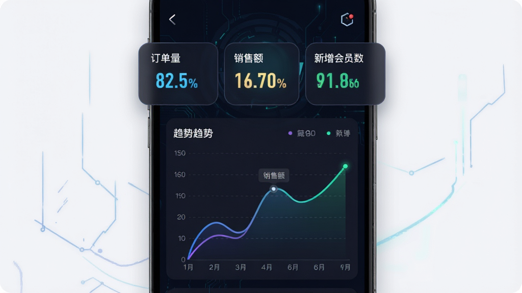 手机界面展示独眼蛇电竞商城的数据看板页面,顶部为三张数字卡片分别显示订单量、销售额与新增会员数,下方为折线趋势图,整体为竖版UI展示,配色以深色背景配亮色数字,风格科技感,细节包含图表刻度与卡片圆角,画质清晰,干净,无多余元素