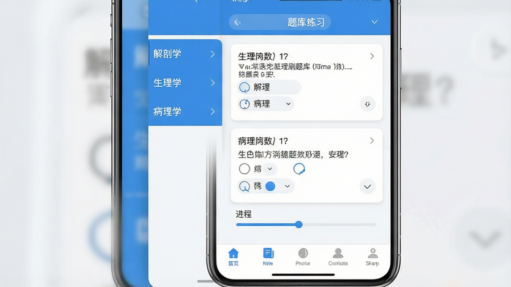 一张展示医学基础知识刷题库软件界面的手机样机图,画面主体是一部竖屏智能手机,屏幕内呈现题库练习页面,左侧列出解剖学、生理学、病理学等科目菜单,右侧显示选择题答题区域与进度条,布局居中对称,风格为清爽的教育类App界面设计,细节包含蓝色主色调、白色卡片式题目框、底部导航栏,画质清晰,画面干净,无多余元素
