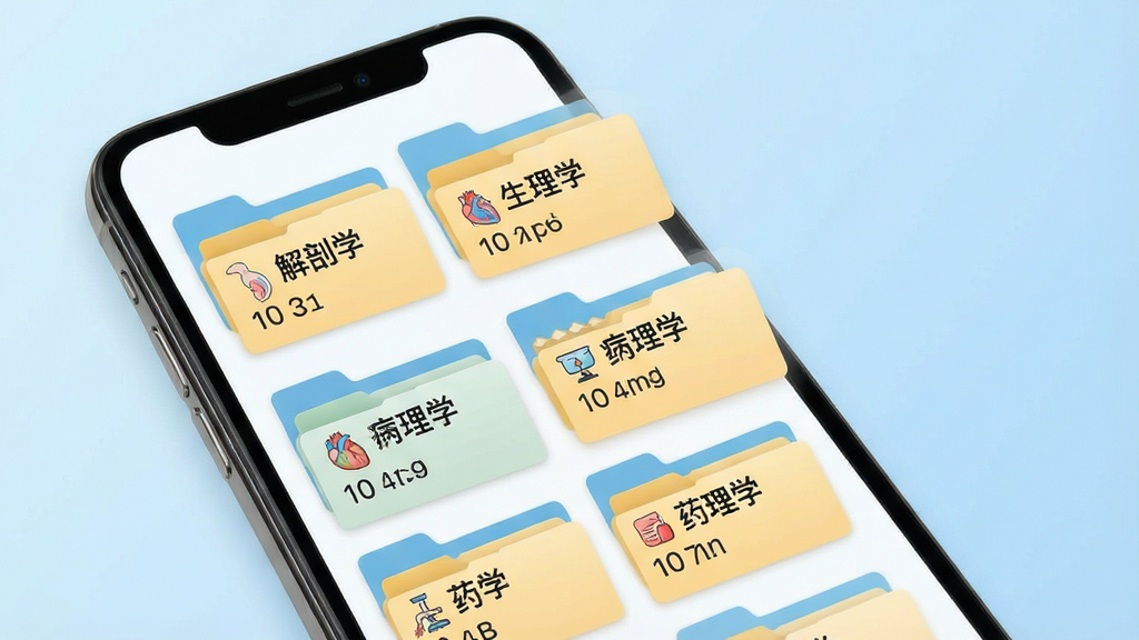一张表现医学基础知识刷题库海量题库分类的示意图,画面主体为一部手机屏幕,屏幕中展示多层文件夹式的科目分类卡片,卡片上分别标注解剖学、生理学、病理学、药理学等文字,卡片以网格形式排列,背景为浅蓝色渐变,风格简洁明快,细节包含每张卡片配有小图标与题目数量标识,画质清晰,画面干净,无多余元素