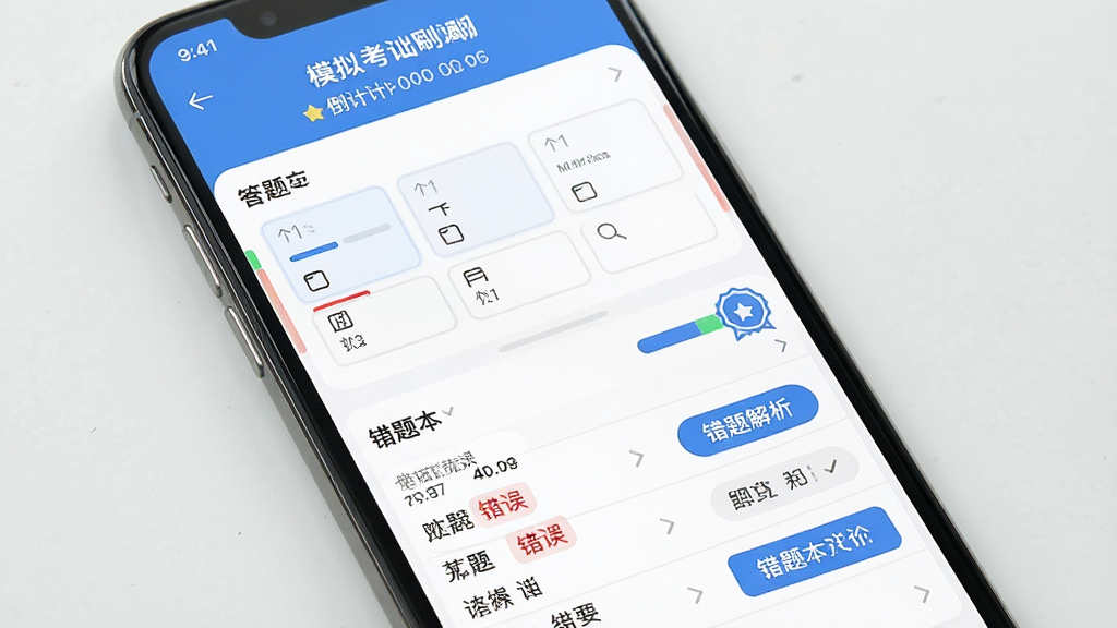 一张表现医学基础知识刷题库模拟考试与错题本功能的界面图,画面主体为手机屏幕,上半部分显示模拟考试倒计时与答题卡网格,下半部分显示错题本列表与红色错误标记,风格为考试学习类App设计,细节包含进度条、分数徽章、错题解析入口按钮,画质清晰,画面干净,无多余元素