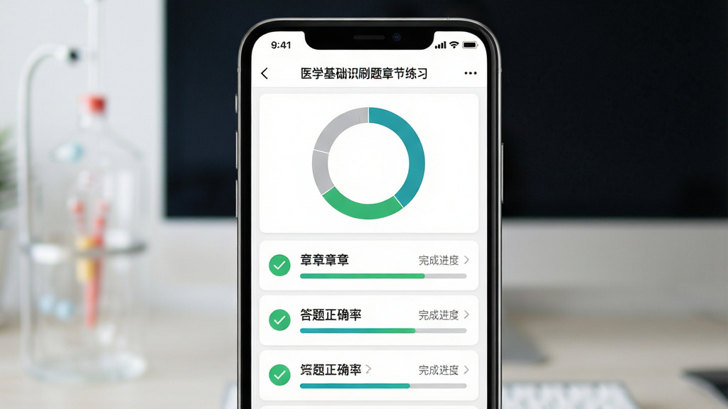 一张展示医学基础知识刷题库章节练习功能的手机界面图,画面主体为手机竖屏,屏幕内显示章节列表与答题正确率环形图,列表项包含章节名称和完成进度,环形图位于页面上方,风格为教育学习类应用界面,细节包含绿色对勾图标、灰色未完成状态标识,画质清晰,画面干净,无多余元素
