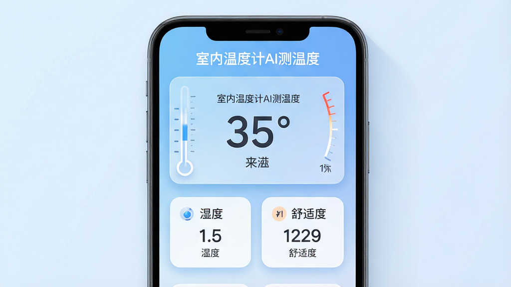 主体为一部智能手机居中放置,屏幕内显示温度计仪表盘界面并配有中文文字“室内温度计AI测温度”,布局采用上下分层结构,上方为温度读数大字,下方为湿度与舒适度小卡片,排版整洁对称,风格为现代科技感扁平化设计,细节包含淡蓝色渐变背景、柔和阴影、圆角卡片与细小刻度线,画质高清干净,无多余元素,适合软件下载站展示