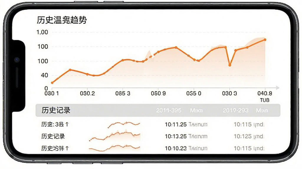 主体为手机屏幕显示历史温度趋势折线图,布局为上方折线图区域、下方按时间排列的记录列表,排版上下结构分明,风格为简约商务风,细节包含橙色折线、时间轴标签与中文文字“历史记录”,画质高清干净,无多余元素