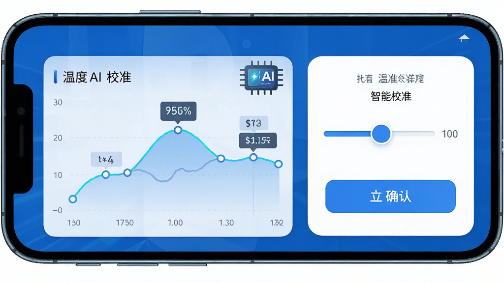 主体为手机屏幕显示AI温度校准界面,布局为左侧温度曲线图、右侧校准滑块与确认按钮,排版左右分栏清晰,风格为科技蓝配白色卡片,细节包含曲线上的数据点、AI芯片图标与中文文字“智能校准”,画质高清干净,无多余元素