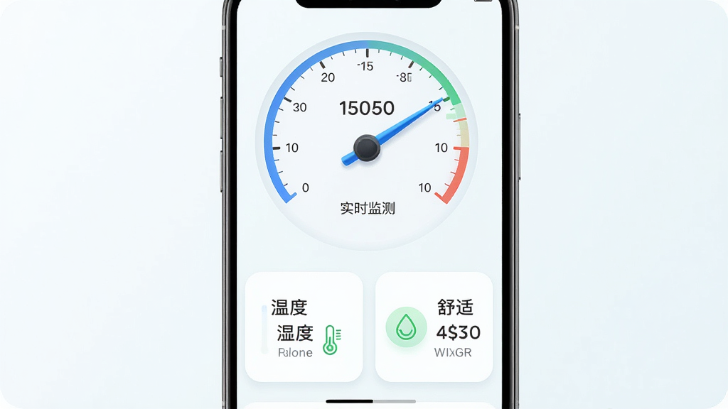 主体为手机屏幕显示温湿度监测仪表盘,布局为上方大圆形温度表盘、下方两张湿度与舒适度卡片,排版居中对称,风格为清新浅色系,细节包含蓝色温度指针、绿色湿度图标与中文文字“实时监测”,画质高清干净,无多余元素