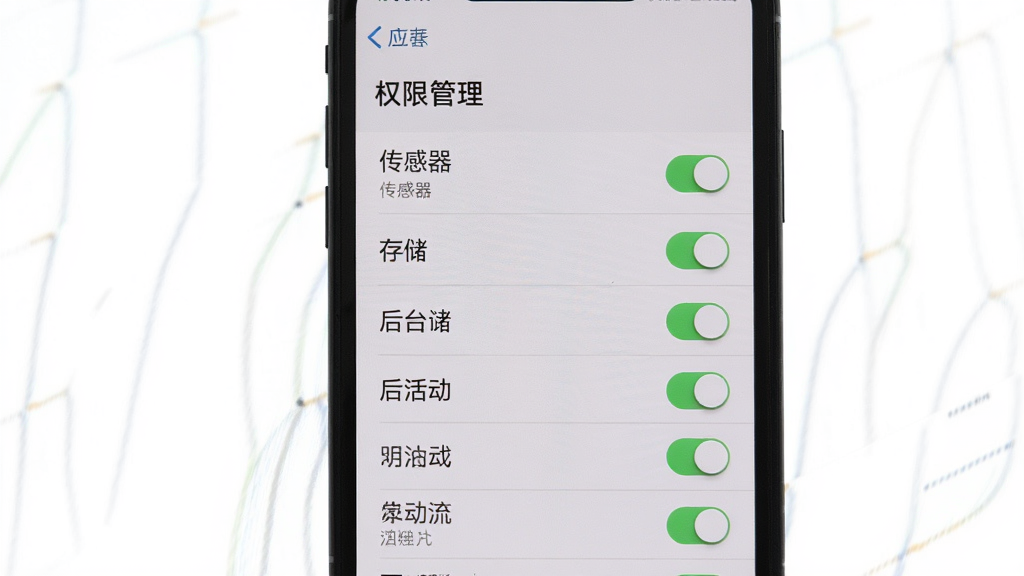 主体为手机屏幕显示应用权限设置页面,布局为纵向排列的权限开关列表,排版清晰有序,风格为系统设置界面写实风,细节包含传感器、存储、后台活动等开关项与中文文字“权限管理”,画质高清干净,无多余元素