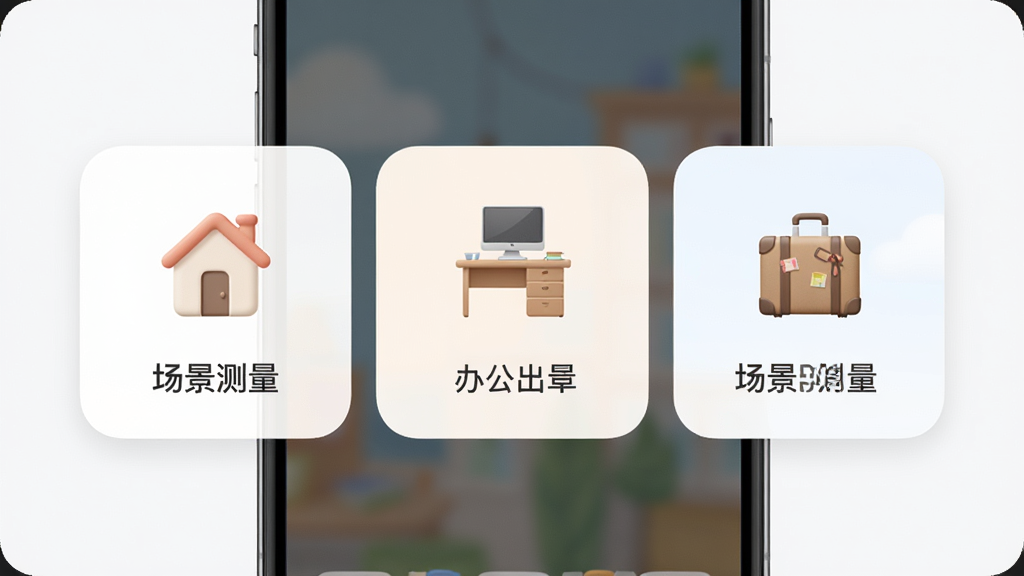 主体为手机屏幕显示场景选择界面,布局为三张横向排列的场景卡片分别标注居家、办公、出行,排版整齐均匀,风格为柔和圆角卡片设计,细节包含房屋图标、办公桌图标与行李箱图标及中文文字“场景测量”,画质高清干净,无多余元素