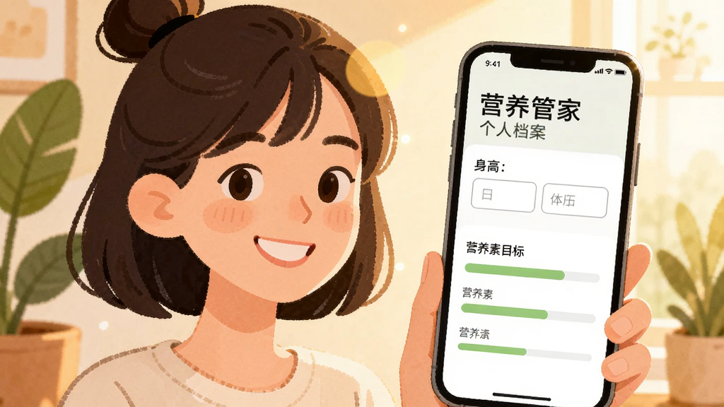 画面主体为一位年轻女性在手机前微笑,手机屏幕显示营养管家个人档案页面,包含身高体重输入框和营养素目标进度条,布局为人物居左手机居右,风格温暖插画风,细节有绿色植物和柔和光晕,画质干净清晰无多余元素