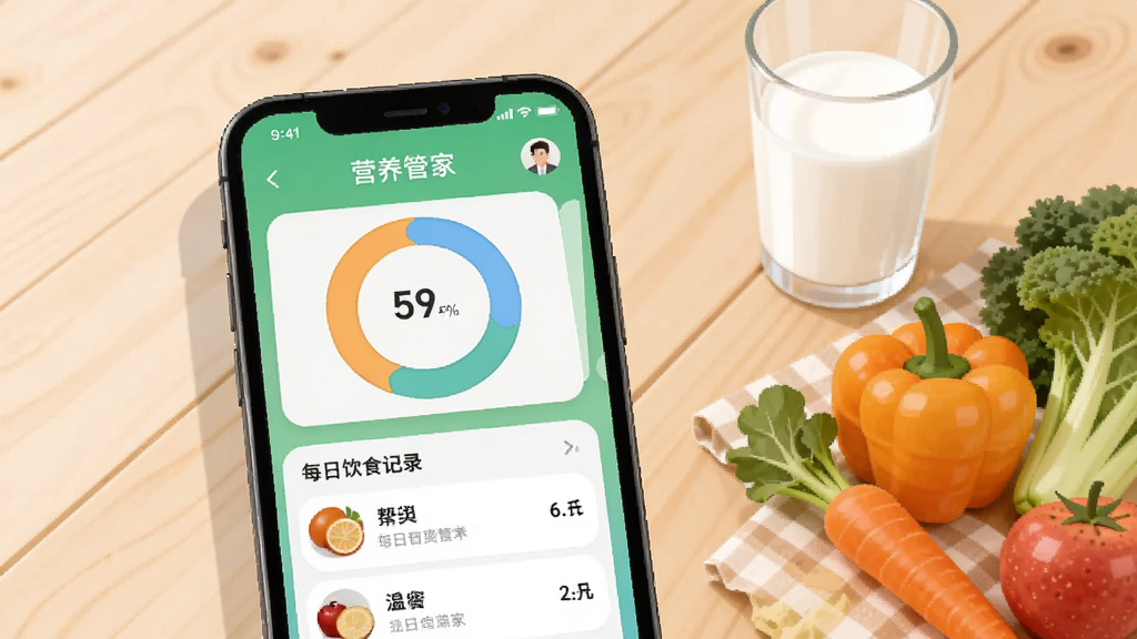 画面中央一部智能手机,屏幕上显示营养管家应用主界面,包含营养摄入环形图和每日饮食记录列表,背景为干净的浅色木质桌面,旁边摆放新鲜蔬菜水果和一杯牛奶,整体布局左侧手机右侧食材,风格清新现代扁平化插画,细节包括柔和阴影和圆角卡片,画质清晰干净无多余元素