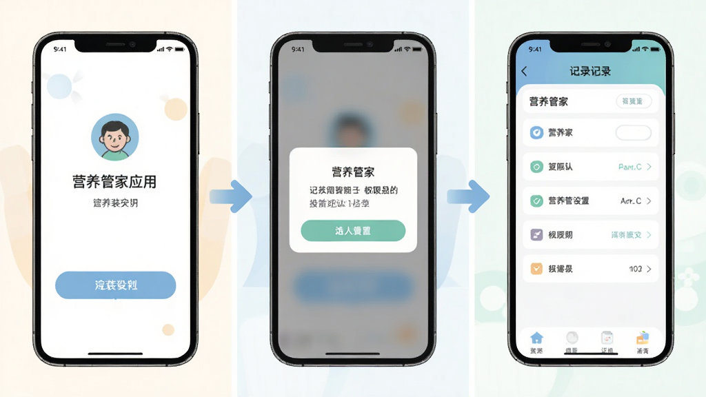 画面展示营养管家应用安装与权限设置流程示意图,包含手机屏幕上的安装按钮、权限弹窗和记录界面,布局为三格分步展示从左到右,风格简洁信息图插画,细节有箭头引导和柔和配色,画质清晰干净无多余元素