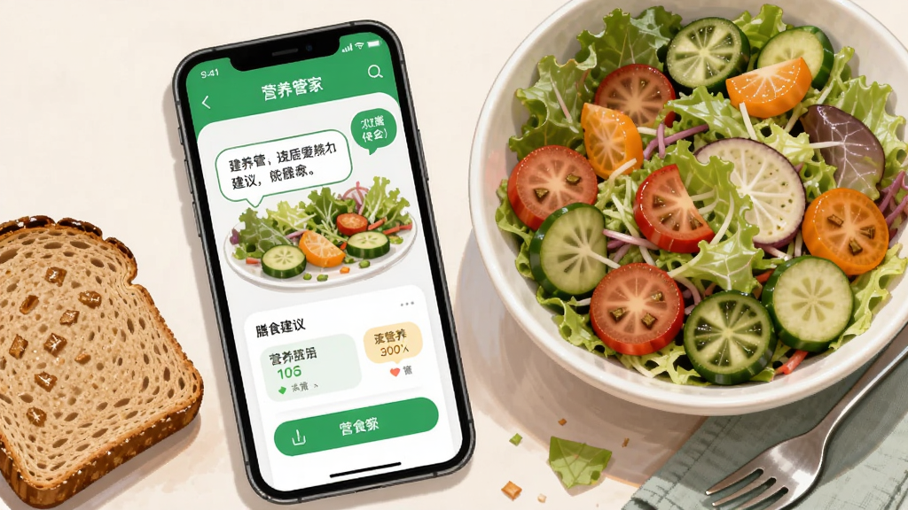 画面展示营养管家应用内的膳食建议卡片界面,手机旁放置一碗色彩丰富的蔬菜沙拉和全麦面包,布局为手机居中偏左食材环绕右侧,风格明亮写实插画,细节包括建议文字气泡和营养标签,画质清晰干净无多余元素