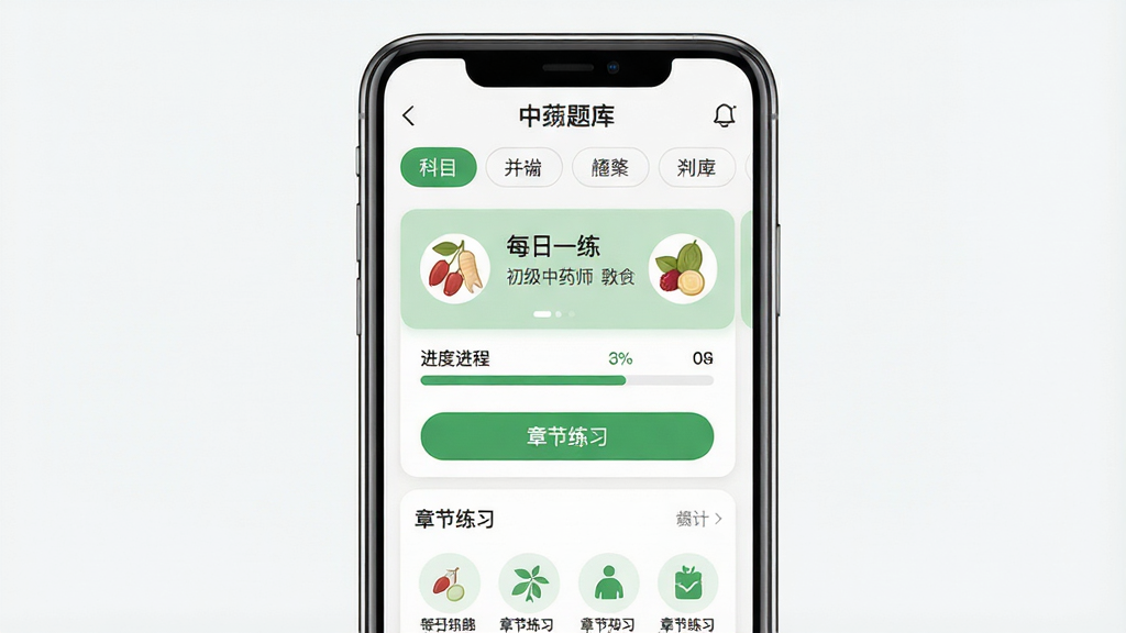 一张手机屏幕展示中药题库软件界面的图片,主体为居中摆放的智能手机,屏幕内显示初级中药师刷题库的首页布局,上方有科目分类标签,中间为每日一练卡片和进度条,下方为章节练习入口,布局清晰有层次,排版采用上下结构,风格为清爽教育类扁平化设计,细节包括中药材小图标点缀、绿色与白色主色调、圆角卡片、简洁按钮,画质高清,画面干净,无多余元素