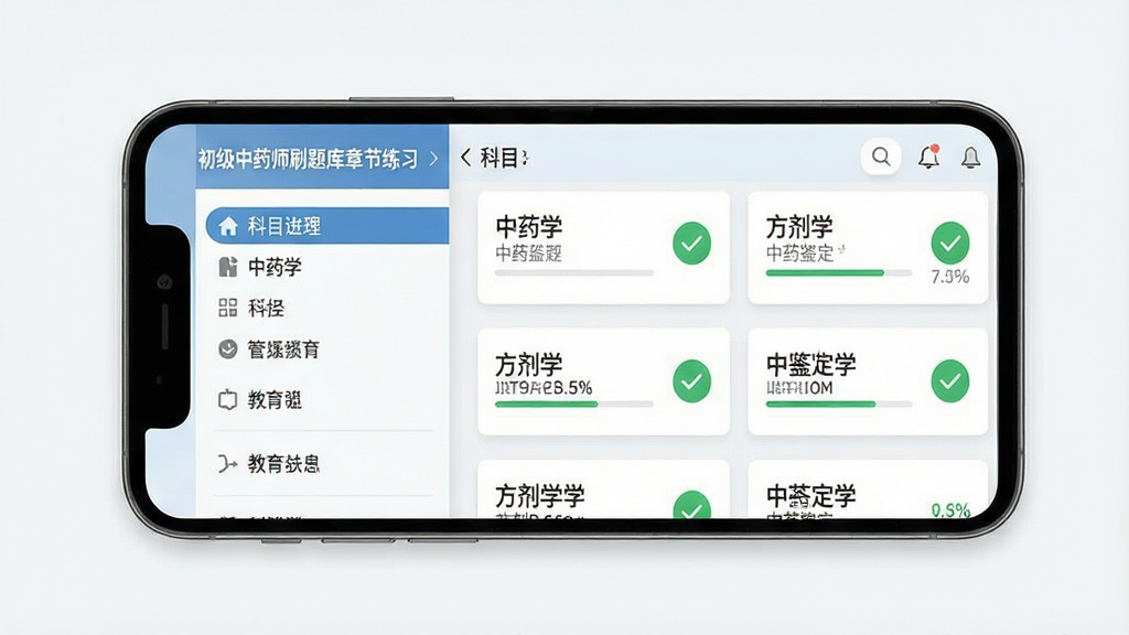 一张展示初级中药师刷题库章节练习界面的图片,主体为手机屏幕中的科目列表,布局为左侧科目导航与右侧题目卡片,排版整齐,风格为教育学习类扁平化设计,细节包括中药学、方剂学、中药鉴定学等科目名称、进度百分比、绿色对勾图标,画质高清,画面干净,无多余元素
