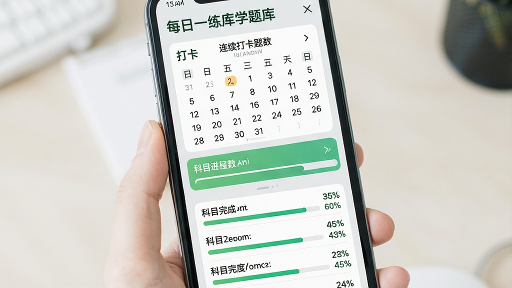 一张展示初级中药师刷题库每日一练与学习进度界面的图片,主体为手机屏幕中的打卡日历与进度条,布局为上方日历模块下方科目进度列表,排版规整,风格为清新教育类设计,细节包括连续打卡天数、绿色进度条、科目完成百分比,画质高清,画面干净,无多余元素